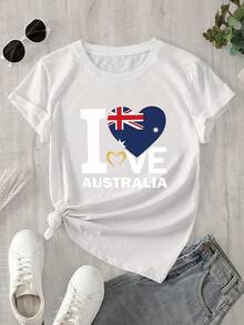 Top de mujer de manga corta y cuello redondo con estampado de corazón y bandera australiana, apto para todas las estaciones. - Blanco - Ver 1