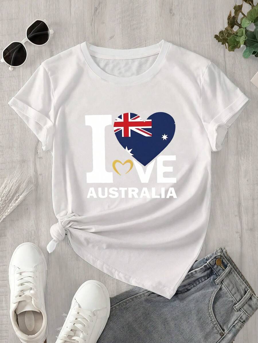 Top de mujer de manga corta y cuello redondo con estampado de corazón y bandera australiana, apto para todas las estaciones. - Blanco - Ver 1