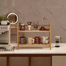 New Chinese Style Double-Layer Cup Rack, Made Of Rattan And Bamboo, Brown And Natural Wood Tones. It Can Hold Teacups, Coffee Cups And Spice Jars, And Serve As A Storage Shelf Suitable For Dorms, Kitchens, Offices, Tea Rooms, Balconies, Living Rooms And Other Spaces. - Multicolor - View 3