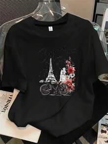 Camisa de mujer de manga corta y cuello redondo con estampado floral de bicicleta y la Torre de Marfil de fondo, apta para todas las estaciones. - Negro - Ver 1