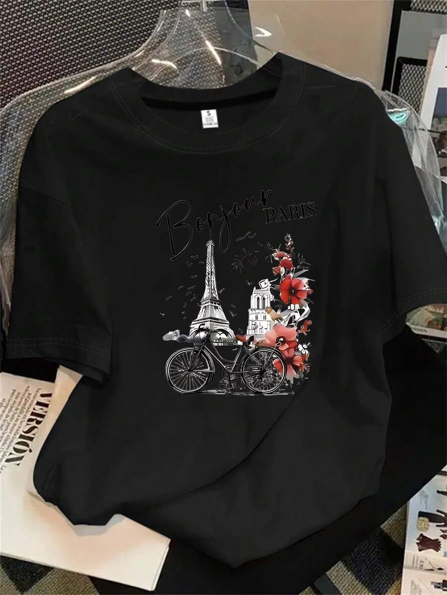 Camisa de mujer de manga corta y cuello redondo con estampado floral de bicicleta y la Torre de Marfil de fondo, apta para todas las estaciones. - Negro - Ver 1