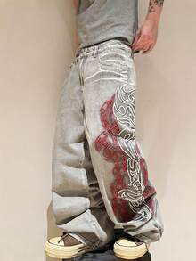 Infinite Jeans 1件裝 香港街頭風 3D刺繡花卉 時尚百搭 男款水洗寬鬆寬腿長褲 (產品不含腰帶及配件) - 灰色 - 查看 8