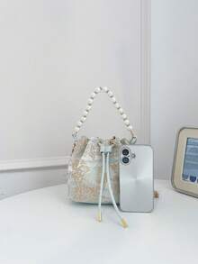 Fashionable Pearl Mini Bucket Bag - Blue - View 3
