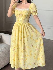Elegant Long-Sleeved Dress With A Lace Collar And Fitted Hem, Featuring A Charming And Romantic Floral And Lace Design, Ideal For Holidays, Women's Dress - 彩色 - 查看 3