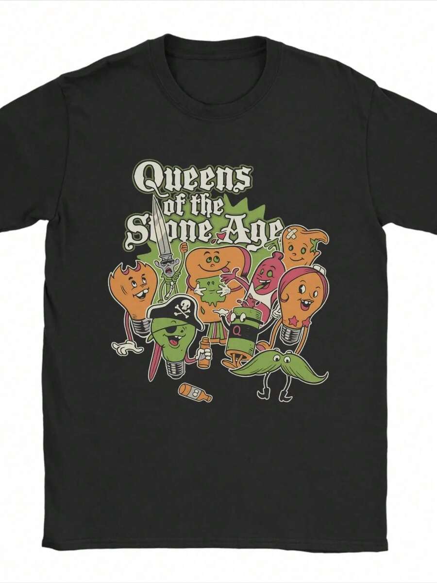 2026 Summer New Arrival [100% Cotton] Men's Queens Of The Stone Age Band T-Shirt, Vintage American Rock Music Cotton Tees, Printed Summer Tees, Oversized Tees. Loose, Casual, Fashionable, Suitable For Commuting, Daily Wear - 黑色 12 - 查看 1