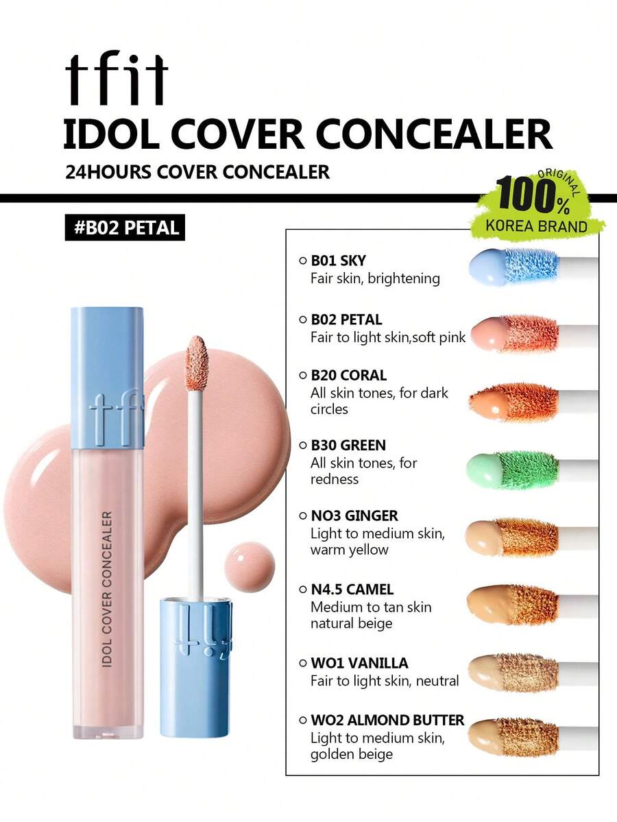 TFIT IDOL COVER 遮瑕膏 B02 PETAL，輕盈霧面妝感局部遮瑕，可疊加遮蓋瑕疵與黑眼圈，防水防暈染，含積雪草與泛醇，K-Beauty 韓系彩妝，OliveYoung，禮品，6.5g/0.22 Oz.
