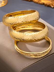 3pcs/1pc Fashion Minimalist Gold Hammered Geometric Wave Asymmetrical Shape Bangle Set, Suitable For Women, Exquisite Texture Polished Heavy Metal And Zinc Alloy Material Bangle Set - Yellow Gold - View 2