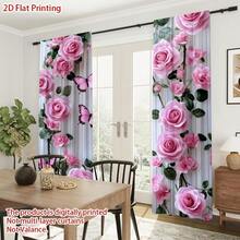 2pcs High-Definition Digital Sweet Girl Style Pink Rose Butterfly Print Decorative Curtains, Polyester Material, Easy To Install, Rod Pocket Hanging, Semi-Transparent Privacy Protection, Machine Washable And Hand Washable, Suitable For Bedroom, Office, Kitchen, Living Room, Study, Home Decor. - Multicolor - View 2