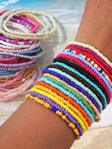5/20/50pcs/Set Random Color & Style Exquisite Versatile Bohemian Style Colorful Elastic Anklet Set, Fashionable Colorful Beaded Bracelet Set, Suitable For Men & Women Daily Wear, Delicate Beach Jewelry, Perfect Gift For Friends, Besties, Couples, Family, Music Festivals, Mother's Day, Valentine's Day, Thanksgiving, Christmas - Multicolor - View 2