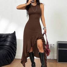dahkjdgajy  Vestido sin mangas con volantes en el bajo, unicolor, corto por delante y largo por detrás, atuendo bohemio para conciertos - Marrón - Ver 4