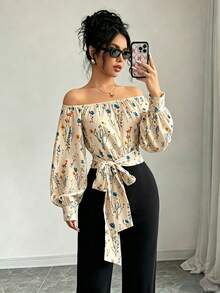 Elegant Women's Off-Shoulder Blouse With Polka Dots And Front Bow - Puff Sleeves, Round Neck, White, Machine Washable, Ideal For Casual Or Semi-Formal Wear In All Seasons - 多色 1 - 查看 3