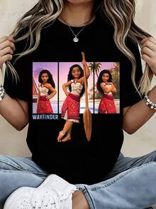 Disney Women's Short Sleeve  T Shirt Black Moana Wayfinder Print For Casual Wear - 黑色 - 查看 1