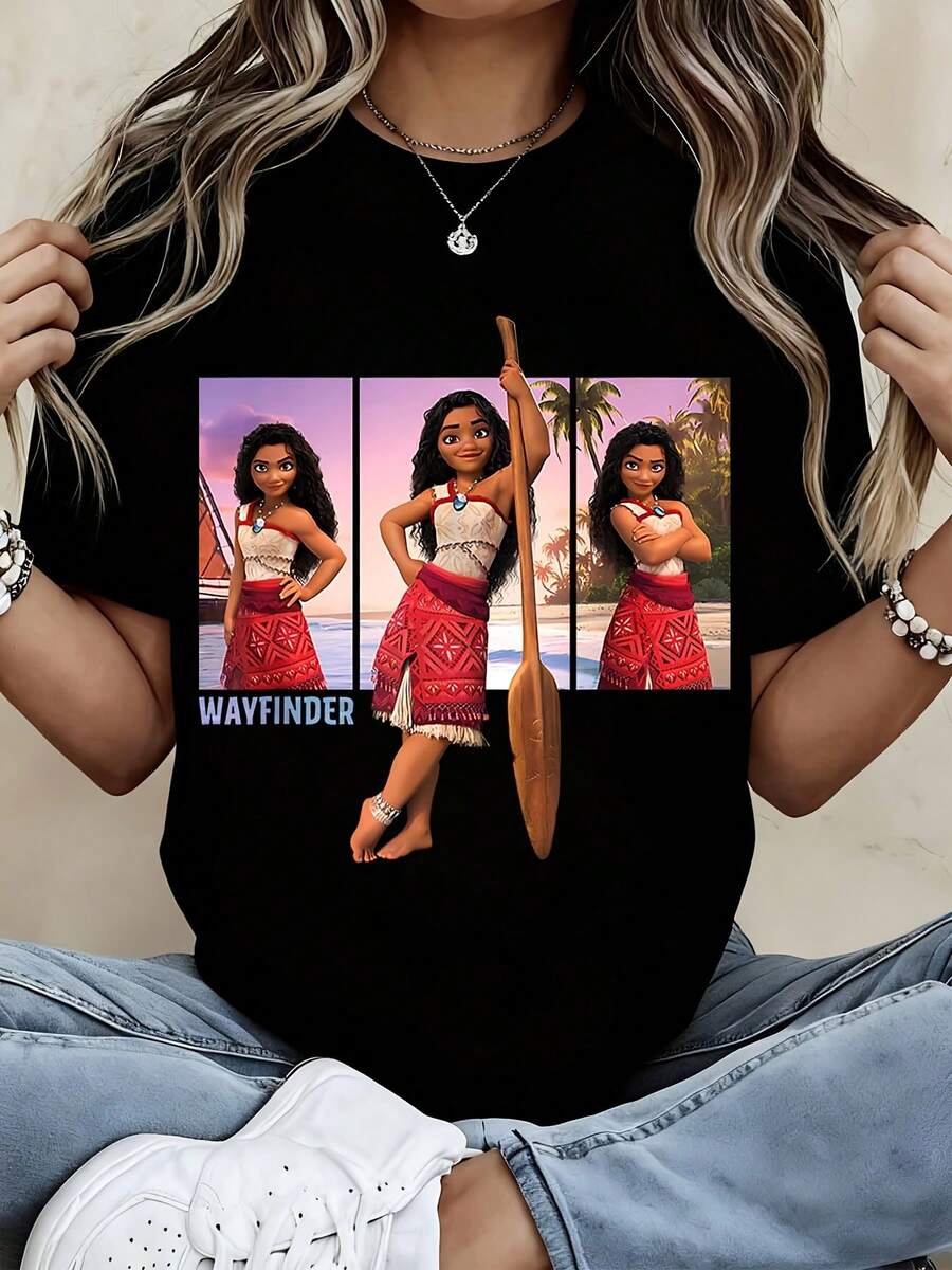 Disney Women's Short Sleeve T Shirt Black Moana Wayfinder Print For Casual Wear - 黑色 - 查看 1