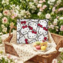 Miniso 三麗鷗 Hello Kitty 帆布化妝包，大膽重疊臉部印花配紅色蝴蝶結拉鍊收納袋，適用於彩妝盥洗用品旅行收納 - 10x8.1英寸 - 查看 2
