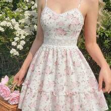 MOD Vestido mini elegante de verano con tirantes finos, encaje, parches y pliegues con estampado floral diminuto AG - Rosa - Ver 7