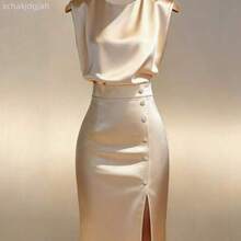 Vestido midi de satén dorado sin mangas con cintura ceñida y abertura AG - Champán - Ver 1