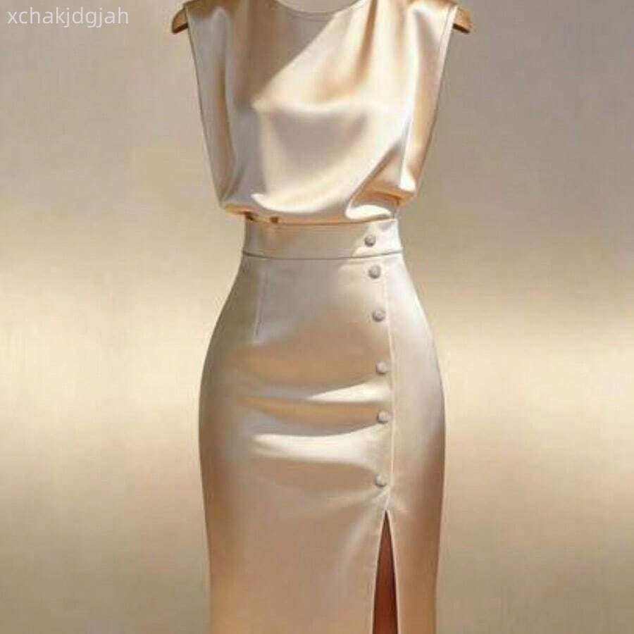 Vestido midi de satén dorado sin mangas con cintura ceñida y abertura AG - Champán - Ver 1