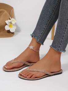 Women's Flip Flops Spring/Summer Street Style, Casual, Vacation Fashion, Solid Color, Flat, Versatile, Non-Slip, Thong, Beach Sandals/Slippers, New Spring/Summer Arrival, Round Toe, Flat Flip-Flops. - Camel - View 4
