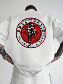 Camiseta gráfica casual de verano para hombre - Estampado MUAY THAI, diseño rojo y blanco, cuello redondo de manga corta, poliéster ligero, perfecta para ropa casual. - Negro - Ver 1