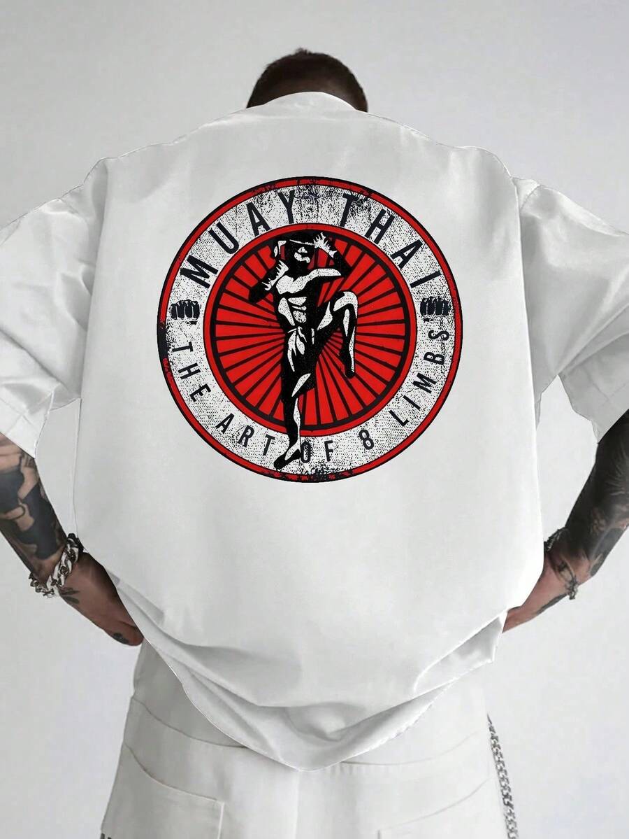 Camiseta gráfica casual de verano para hombre - Estampado MUAY THAI, diseño rojo y blanco, cuello redondo de manga corta, poliéster ligero, perfecta para ropa casual. - Negro - Ver 1