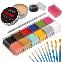 SFX Makeup Kit 12 Colors Face Body Oil Painting Stage Special Effects Halloween Wound Scar Wax Makeup Fake Rib Blood Spatula Paint - 5 piezas 03-6 Cepillos - Ver 2