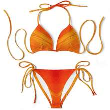 Coral Sunset  Gradient Plus Size Women's Adjustable Halter Triangle Bikini Top,Removable Padded Cups, High Cut,Brazilian Bathing Suit - White - View 3