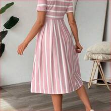VUUG
  Vestido de maternidad casual estilo midi con cuello redondo y mangas cortas a rayas para mujeres embarazadas - Negro01 - Ver 3