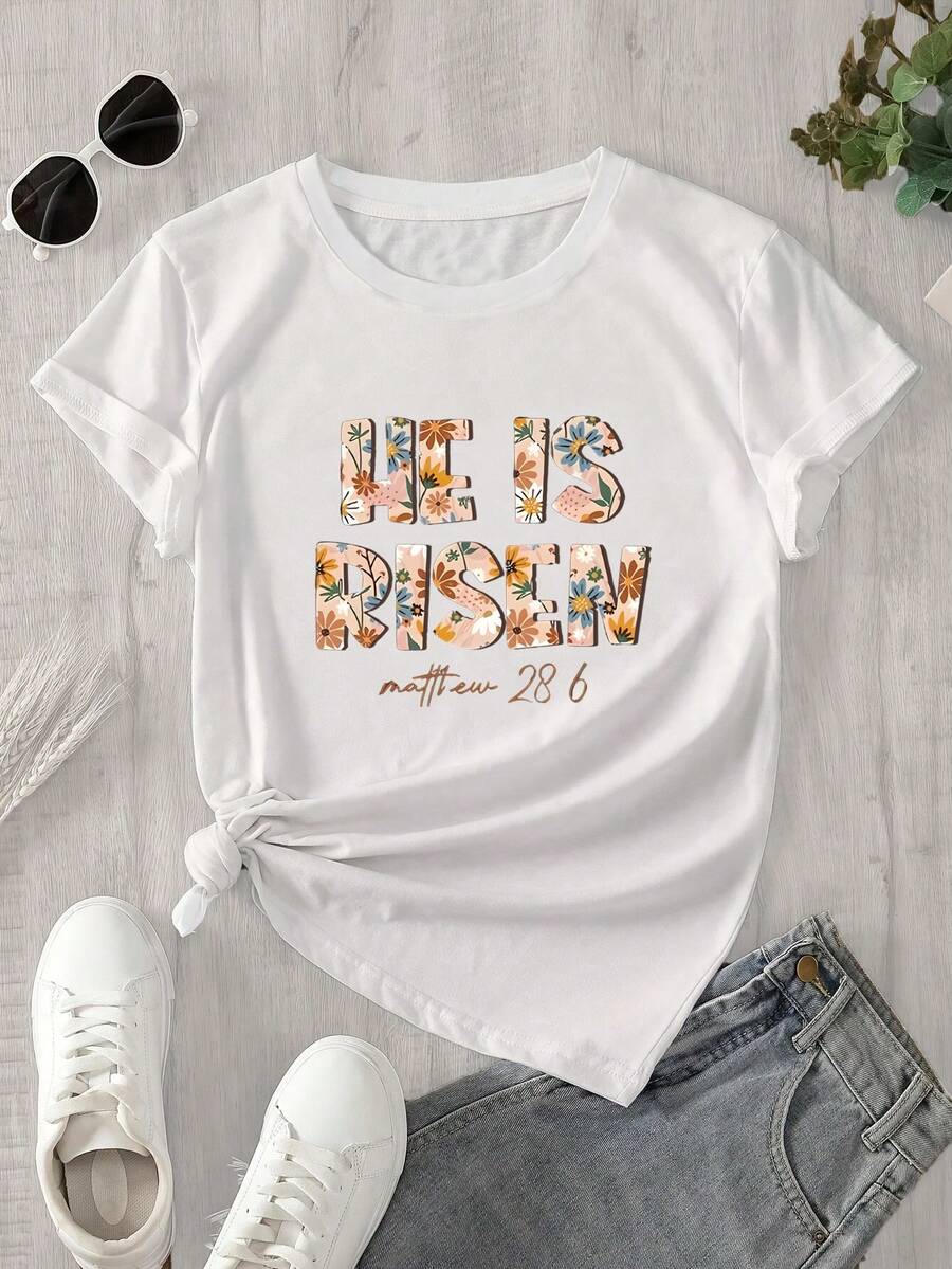 Camiseta de manga corta y cuello redondo para mujer con estampado floral sobre fondo blanco, con la palabra "vida" emergiendo de la tela; apta para todas las estaciones. - Blanco - Ver 1