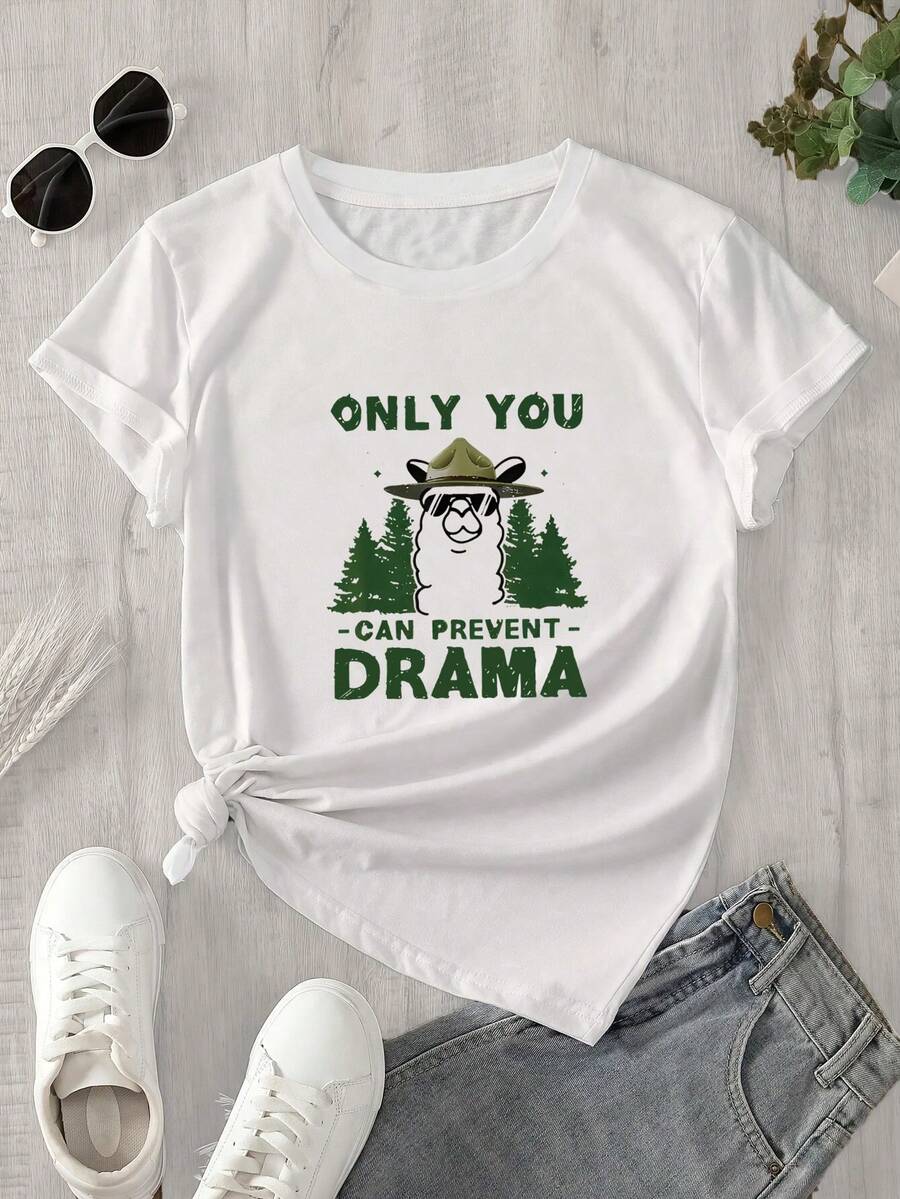 Top de mujer de manga corta y cuello redondo con estampado llamativo, ideal para todas las estaciones. - Blanco - Ver 1