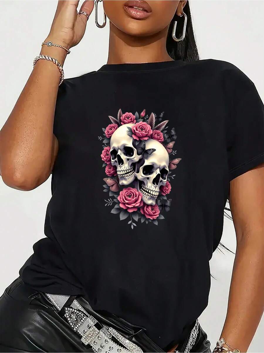 Casual Plus Size - Talla Grande - Camiseta Blanca de Manga Corta para Mujer - Elegante top casual de cuello redondo con estampado de letras, lavable a máquina y apto para limpieza en seco, u - Negro - Ver 1