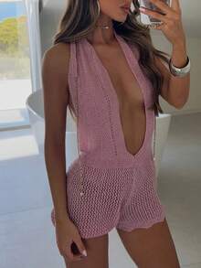 Women's Sexy Halter Deep V Neck Open Back Knit Romper, Sheer Mesh Tie-Back Bodycon Short Jumpsuit For Club  Vacation - Rosa - Ver 3
