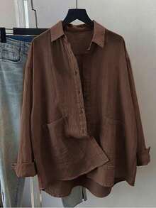 Women's Loose Casual Long Sleeve Shirt, Coffee Color, Spring/Autumn, With Drop Shoulder Design, Shirt Collar And Front Pockets, Woven Fabric For Everyday Casual Style - Brown - View 3