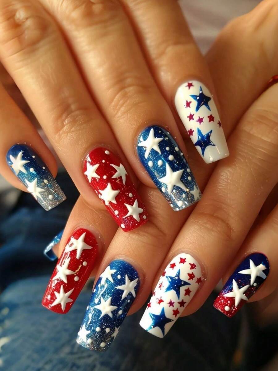 24 Pieces Independence Day Red, White And Blue Star Gradient False Nails Press On Nails Fake Nails Nail Supplies Nails Square - Blue and White - View 1