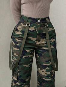 Women's Camouflage High Waist Cargo Pants, Multi-Pocket Wide Leg Trousers, Streetwear & Y2K Daily Outfits - Xanh quân đội 2234 - Xem 3