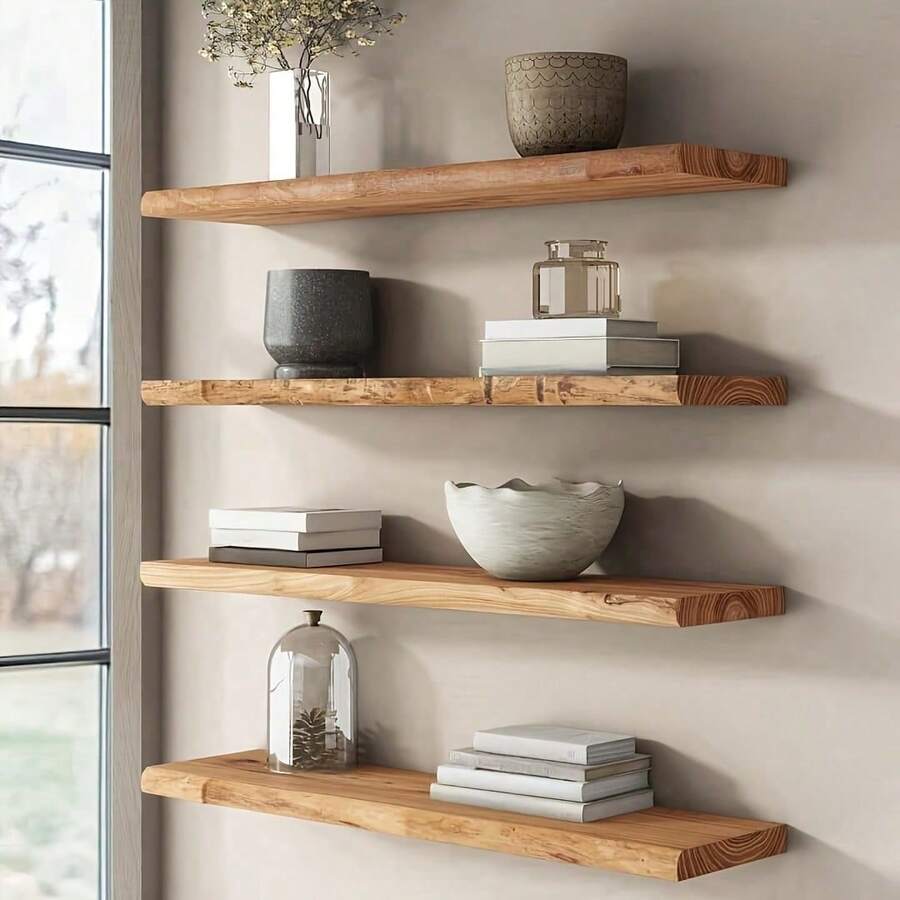 Rustic Wooden Floating Wall Shelf, Heavy Duty Mounted Display Rack, Easy To Install Storage Organizer, Suitable For Living Room Bedroom Bathroom Kitchen, Decorative Shelf For Plants Books Photos - Multicolor - View 1