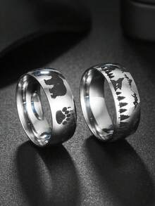 1pc Fashion Bear & Paw Print Ring, Wolf In Forest Stainless Steel Ring For Men - Silver - View 1