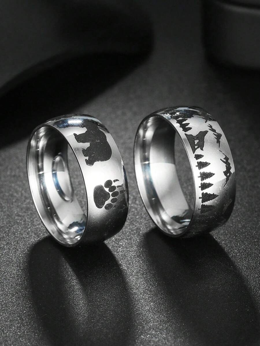 1pc Fashion Bear & Paw Print Ring, Wolf In Forest Stainless Steel Ring For Men - Silver - View 1