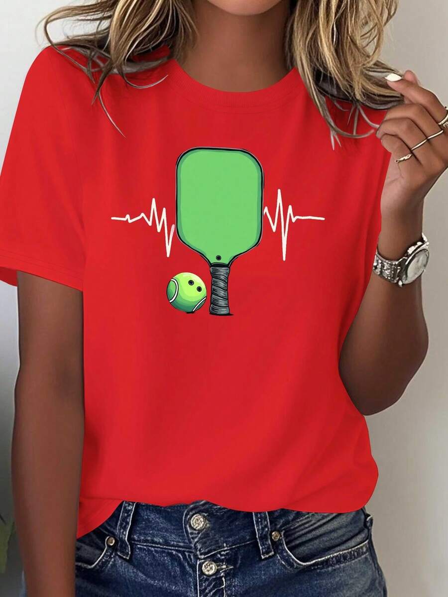Women's Pickleball T-Shirt - 100% Comfortable, Featuring A Racket And Ball Design, Heartbeat Lines, And Racket Prints. Casual Crew Neck, Perfect For Pickleball Enthusiasts. Suitable For All Seasons. Green And Black, Machine Washable, Loose Fit, Geometric Design, Breathable Fabric, Suitable For Casual Wear And Activities. 100% Cotton - 紅色 - 查看 1
