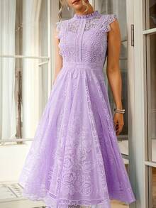 Women's Wedding Guest Dress, New And Elegant Fan-Shaped Lace Flared Dress, Retro Sleeveless Lace Dress, Suitable For Wedding Bridesmaid Dress, Evening Party, Casual Romantic Dates - 灰綠 - 查看 6