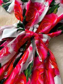 Elegant Women's Floral Print Dress With Short Sleeves, Lapel Collar, And Fitted Waist - Romantic Rose Design, Perfect For Spring Outings, Garden Parties, And Casual Events | Garden Party Dress | Floral Print Dress | Stylish Dress - 灰藍色 - 查看 6