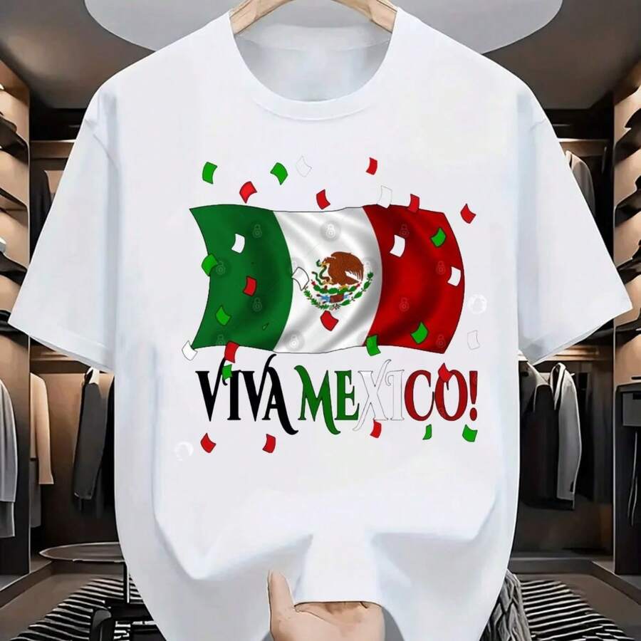 Viva Mexico! Flag Graphic T-Shirt - Vibrant And Patriotic Design For Festive Celebrations, Perfect For Fans Of Mexican Culture And Traditions! - Putih - View 1