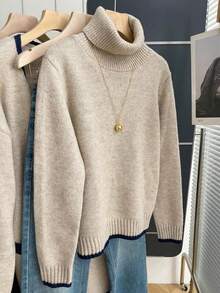 Bestselling Korean Style Gentle & Slouchy Solid Color High Neck Contrast Knit Sweater, Soft & Skin-Friendly Loose Fit Slimming, Versatile Outerwear For Autumn/Winter Daily Commute - Khaki - View 1