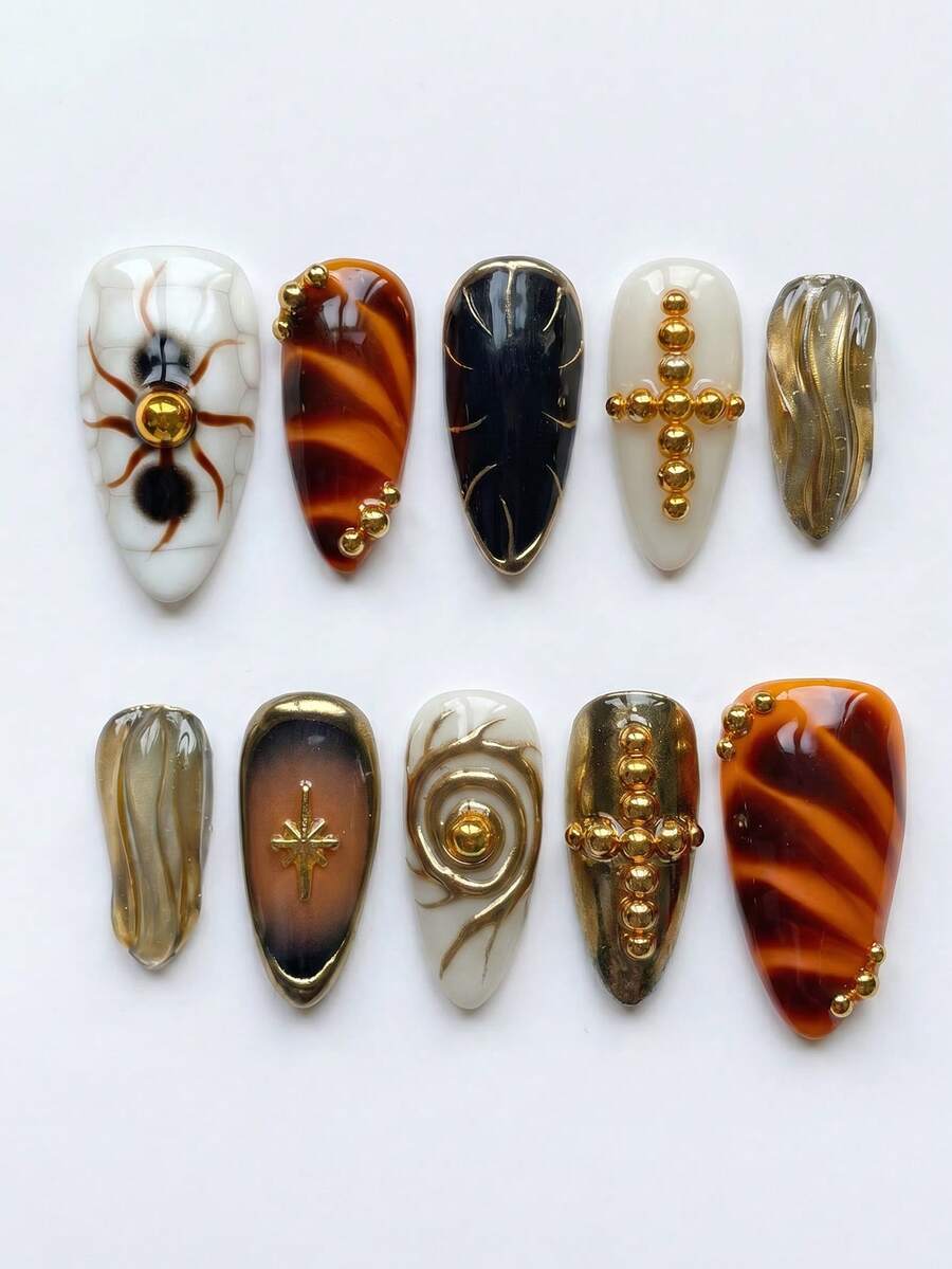 10 unhas postiças feitas à mão em forma de amêndoa média, com ponta ...