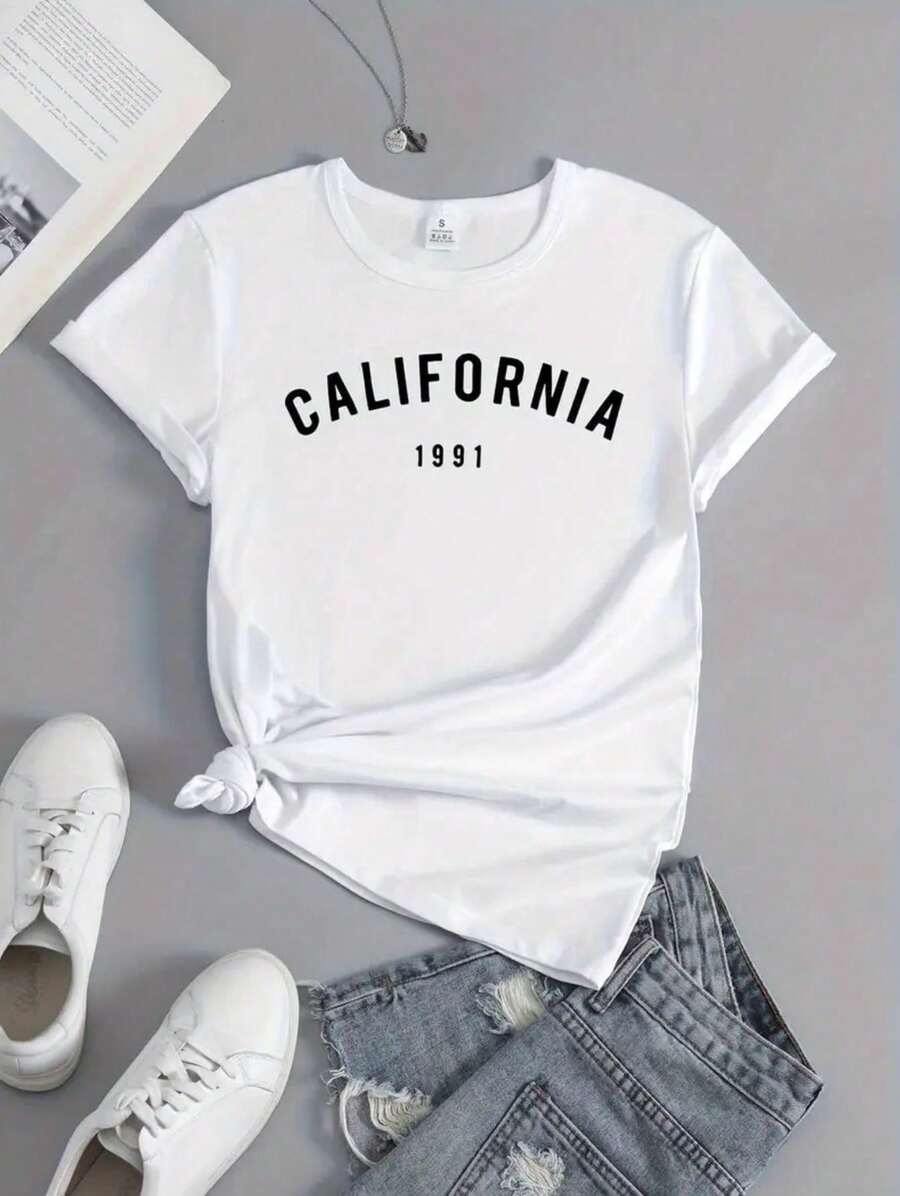 Women's Short Sleeve Crew Neck T-Shirt With Minimalist Text Graphic, Fashionable Casual Blouse, Regular Fit, Everyday Wear - 白色 - 查看 1