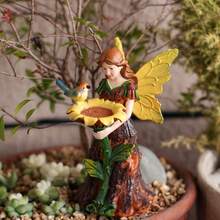 樹皮花仙子與鳥鄉村森林女神樹脂工藝裝飾品 家居庭院裝飾 樹皮天使向日葵餵食裝置 花園雕塑 室外庭院裝飾飾品 - 餵鳥器 - 查看 6