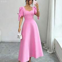 jianchaimaoyi02 Qadelle Vestido rosa de línea A con cintura ceñida, decoración de puño con botón de perla, manga con lazo, encantador, elegante, dulce y lindo, adecuado para uso diario, vacaciones, viajes, citas, estilo de calle francés, versátil y retro, vestido corto de manga corta de primavera/verano en color rosa - Rosa Pálido - Ver 10