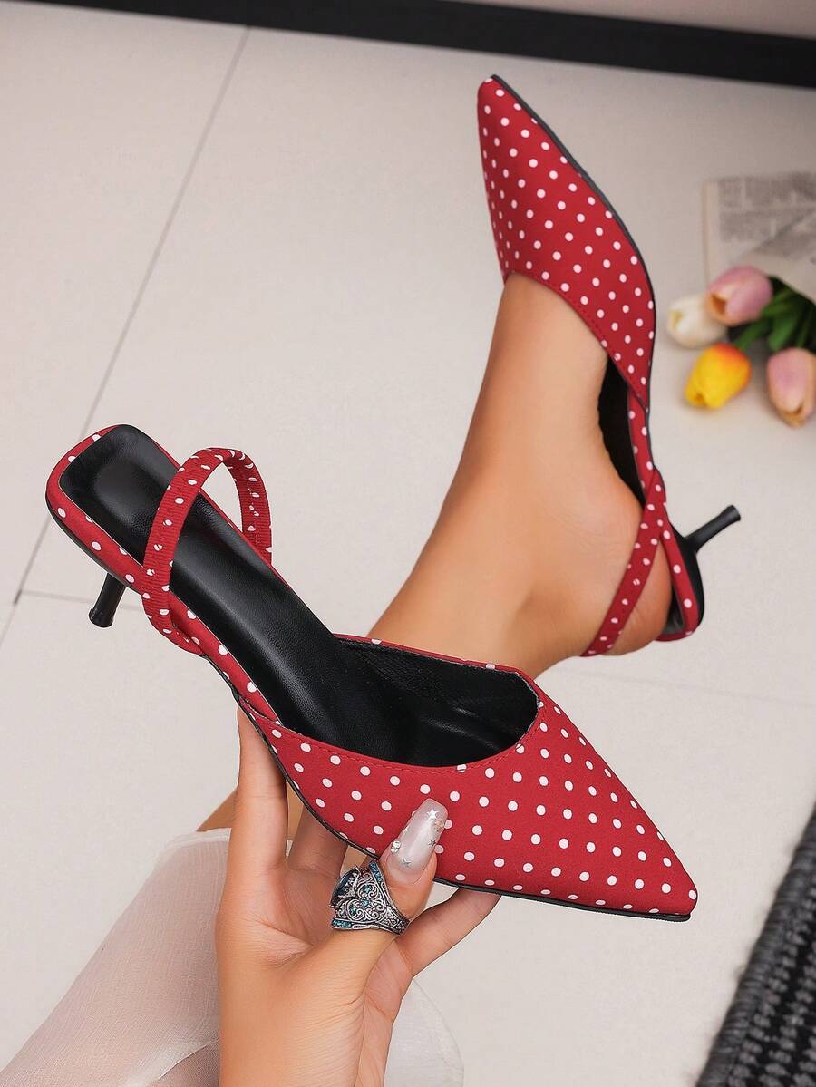 Zapatos de tacón de aguja estilo francés versátil retro con lunares, punta fina y tira trasera, tipo mule