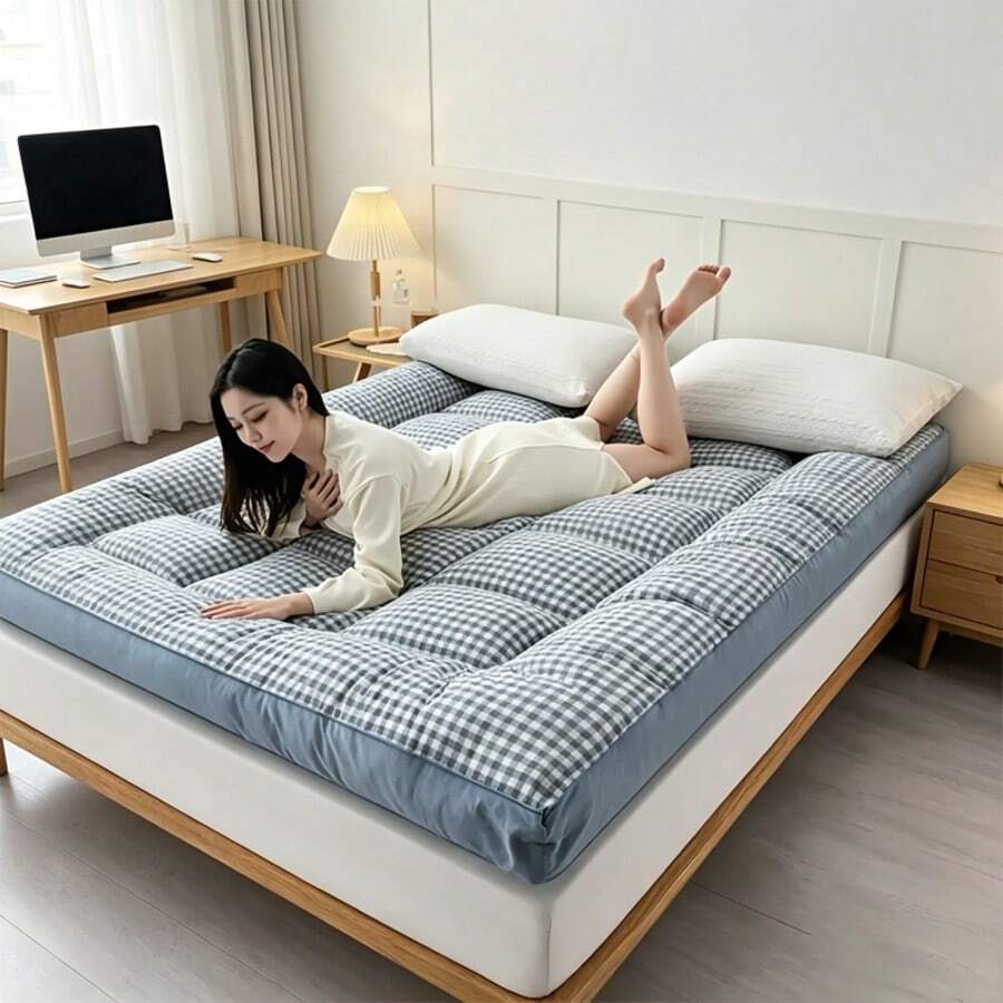 Thickened Mattress Pad - Multiple Sizes Available | Soft & Breathable Mattress | Relieves Back Pain, Elastic & Comfortable Design, 100% Polyester, Yellow Plaid Pattern - Dusty Blue - View 1