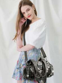 Fashion Minimalist Multi-Pocket Rivet Street Vintage Elegant Versatile Underarm Crossbody Shoulder Bag For Shopping And Vacation - Grey - View 4