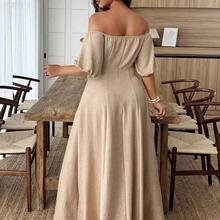 yonghongmaoyi1  Vestido de línea A con hombros descubiertos y ribete de contraste en la cintura, adecuado para uso diario y vacaciones, talla grande, primavera/verano - Marrón - Ver 3